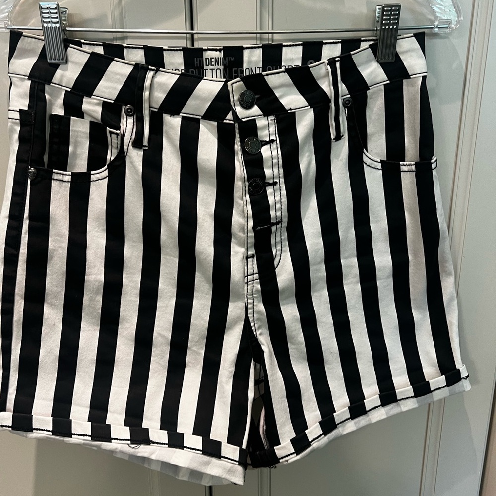 Black and white striped high rise shorts